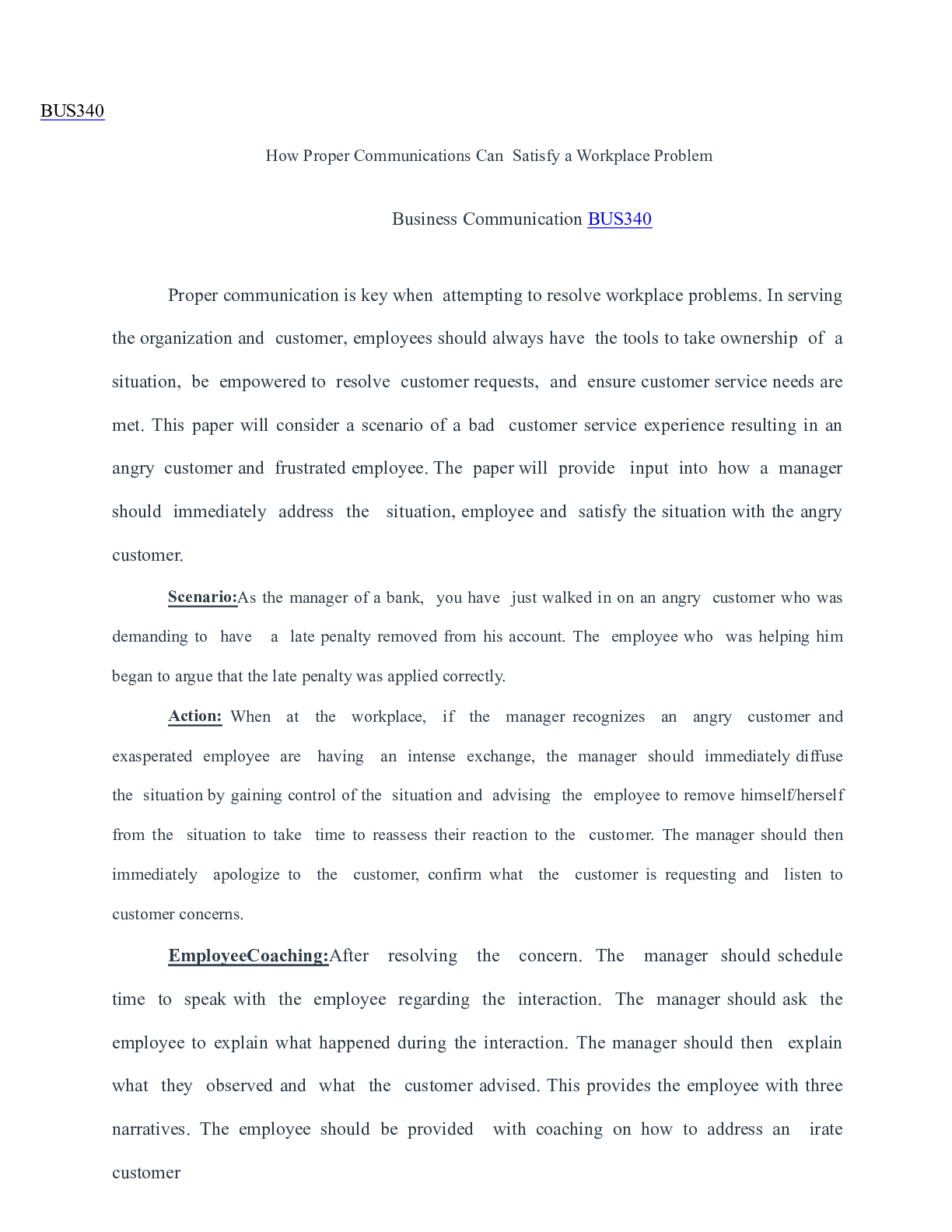 Preview of How Proper Communications Can Satisfy a Workplace Problem BUS340.docx(1)
